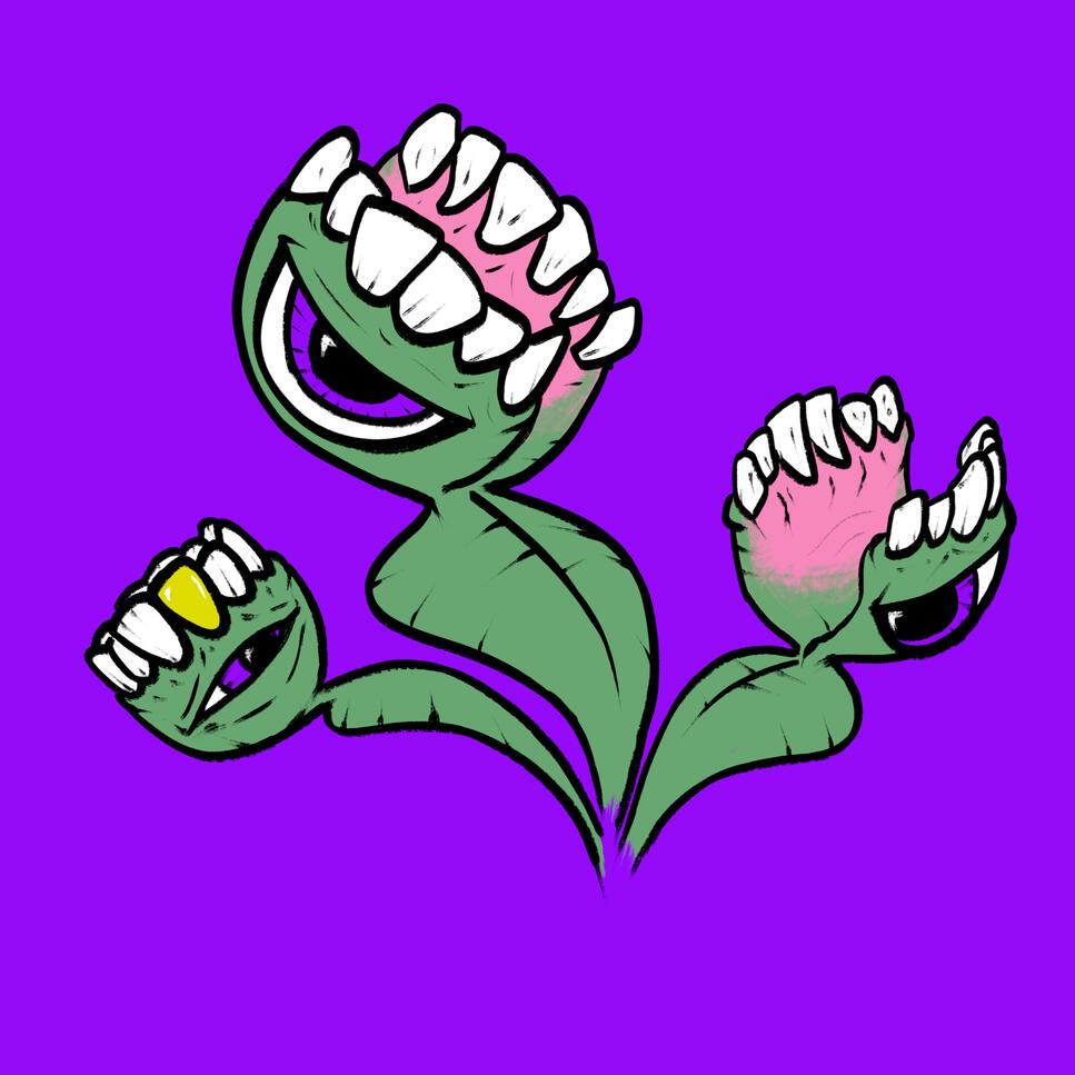 A trio of venus flytraps with human teeth and a single large, purple eyes. One of them has a gold tooth.
